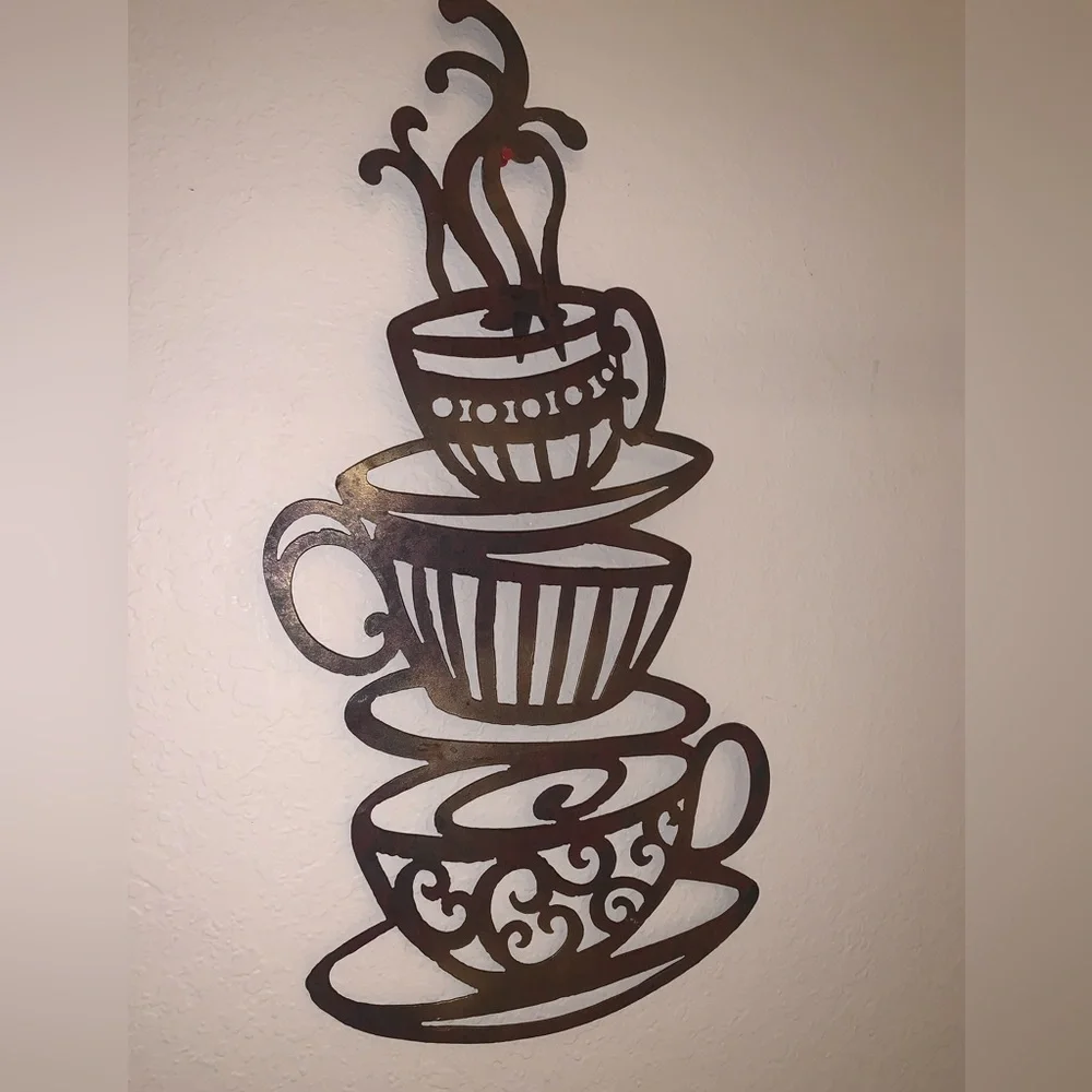 Rustic large metal stacked coffee / tea cup silhouette - Picture 1 of 12
